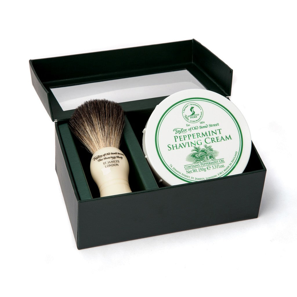 Taylor of Old Bond Street Peppermint Shaving Gift Set With Badger Brush And 150g Cream.
