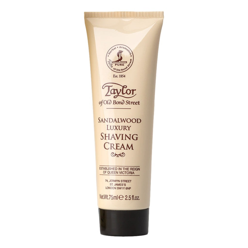 Tube of Taylor of Old Bond Street Sandalwood Luxury Shaving Cream on a white background