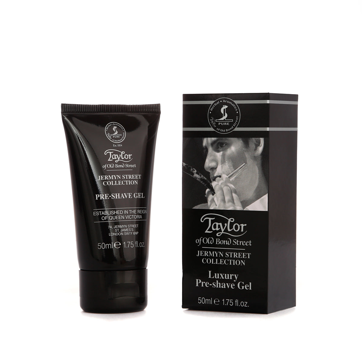 Jermyn Street Pre-Shave Gel By Taylor Of Old Bond Street. Paraben-Free Formula For Sensitive Skin. Softens Hair & Prepares Skin. 50ml. Made In The UK.