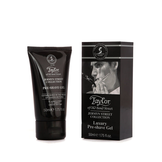 Jermyn Street Pre-Shave Gel By Taylor Of Old Bond Street. Paraben-Free Formula For Sensitive Skin. Softens Hair & Prepares Skin. 50ml. Made In The UK.