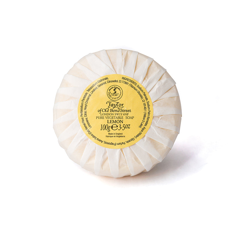 Triple-Milled Lemon Hand Soap From Taylor Of Old Bond Street. Rich Lather, Moisturising, Vegetable-Based. Made In The UK. 100g Bar.
