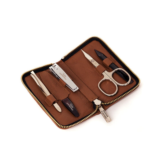 Taylor of Old Bond Street Tan Leather Small Manicure Set – 5 Grooming Tools In Soft Leather Case.