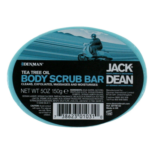 Jack Dean Tea Tree Body Scrub Bar 150g packaging, showcasing product details and branding, including "Tea Tree Oil Body Scrub Bar" text and ingredients list.