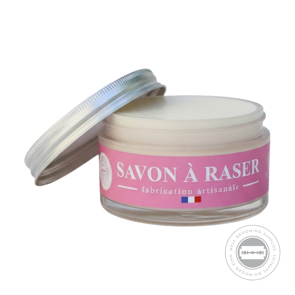 Martin De Candre Rose Shaving Soap jar with open aluminium lid soft floral rose fragrance