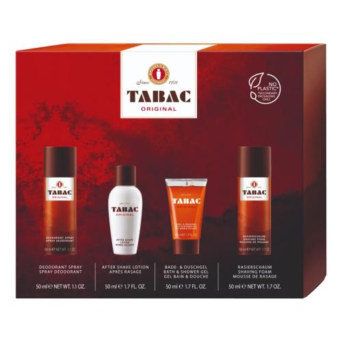 Tabac Original Quattro Gift Set with Aftershave, Shower Gel, Deodorant Spray, and Shaving Foam.