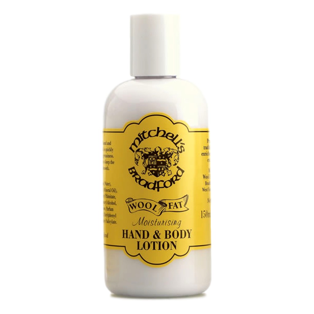 Mitchell's Wool Fat Moisturising Hand & Body Lotion 150ml in a yellow and white bottle with classic branding.