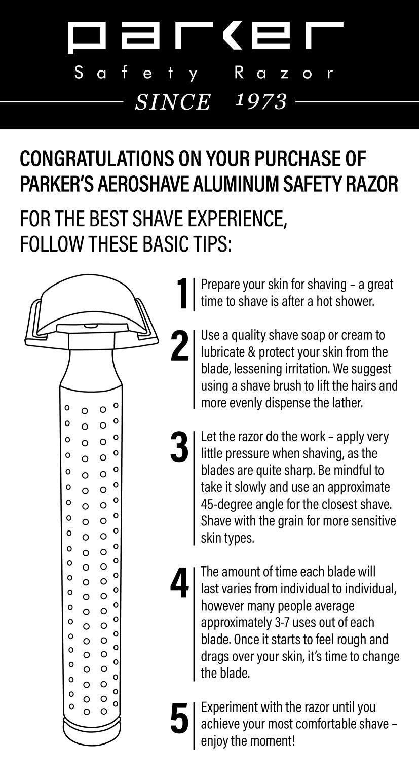 Parker safety razor packaging with usage instructions on a white background