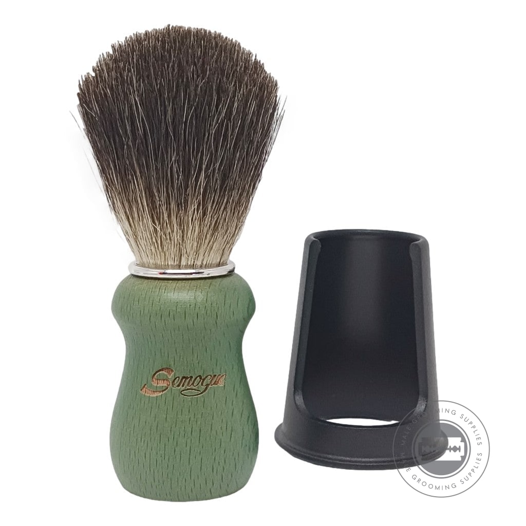 Semogue Pharos-C3 Shaving Brush With Ocean Green Beech Handle And Pure Black Badger Knot, Shown With Stand.