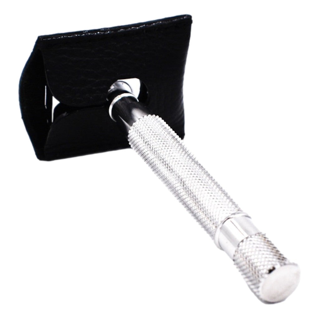 Black Parker leather razor guard covering a safety razor head.