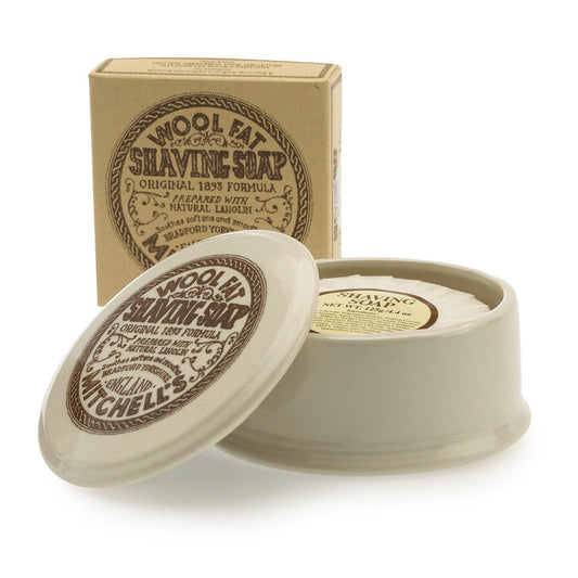 Mitchell's Wool Fat Shaving Soap 125g in a handcrafted ceramic bowl with lanolin for sensitive and delicate skin.