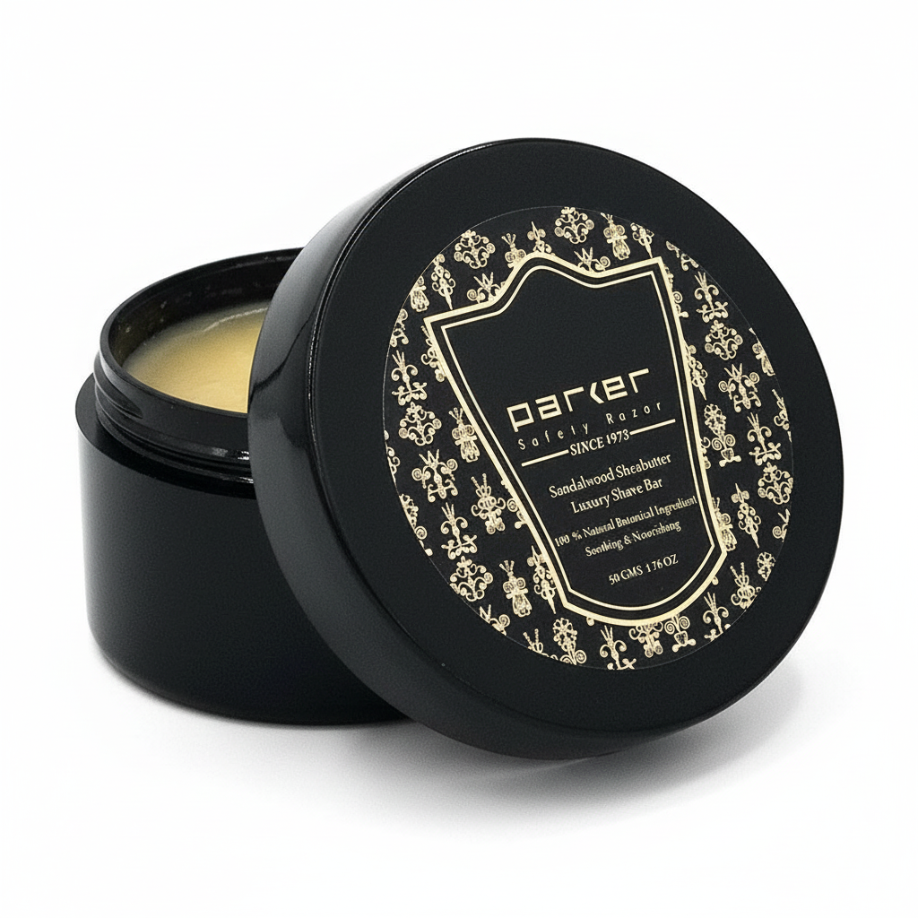 Parker sandalwood and shea butter travel shave soap in compact container