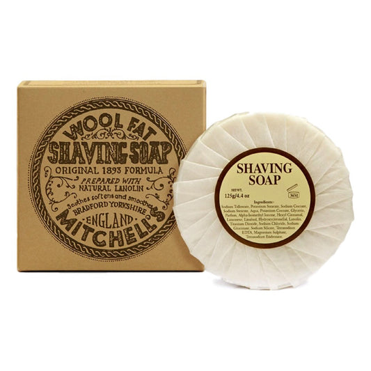 Mitchell's Wool Fat Shaving Soap Refill 125g, tallow-free with lanolin for a gentle shave.