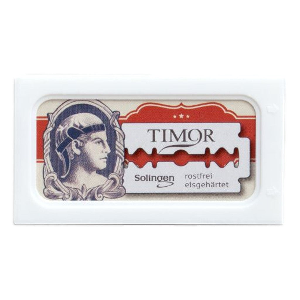 Timor razor blade packaging with a classical design on a white background