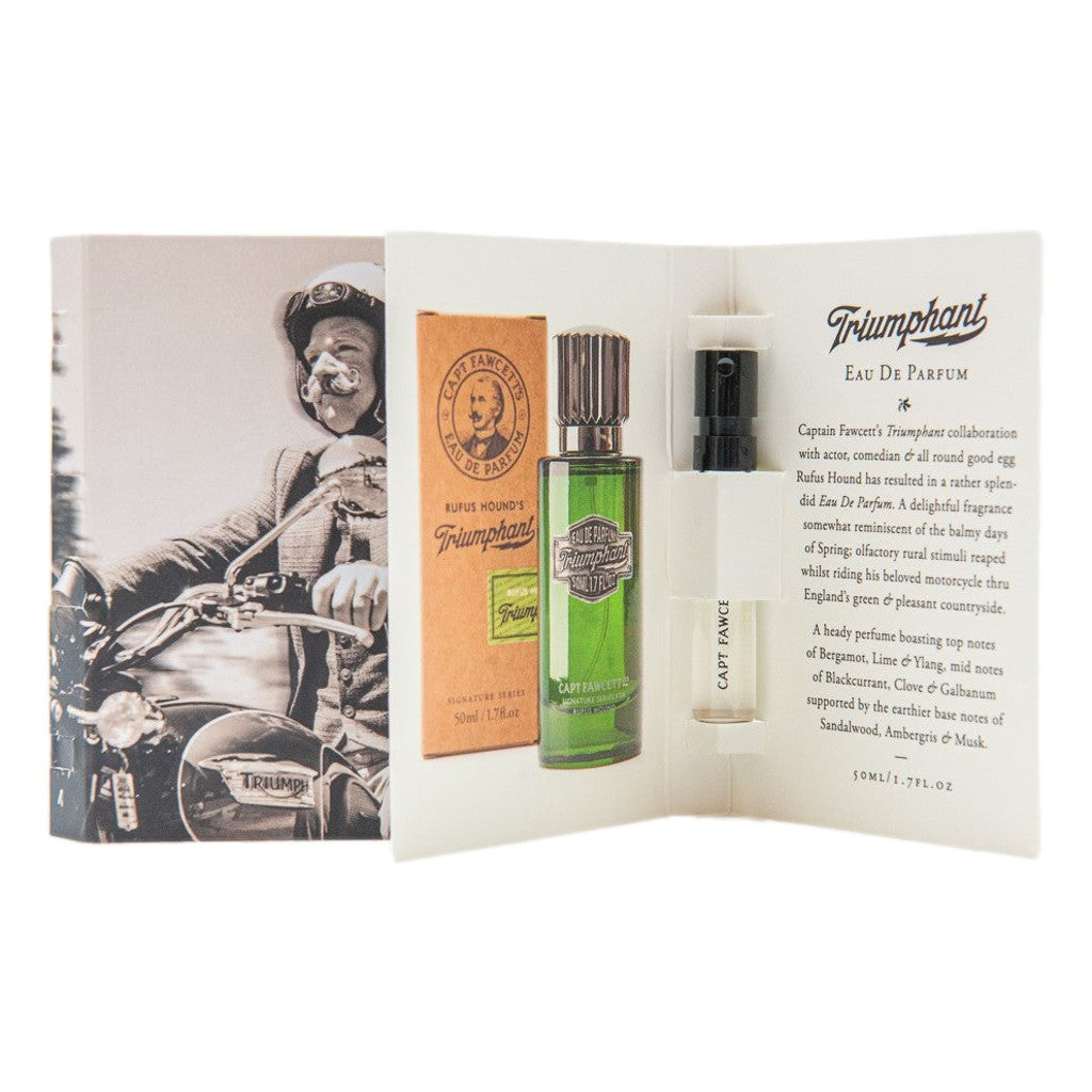 Triumphant Eau De Parfum set with green bottle and packaging on a white background