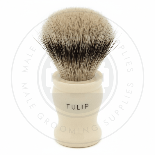 Simpsons Tulip faux ivory shaving brush with Super Silvertip Badger hair - T1 Back