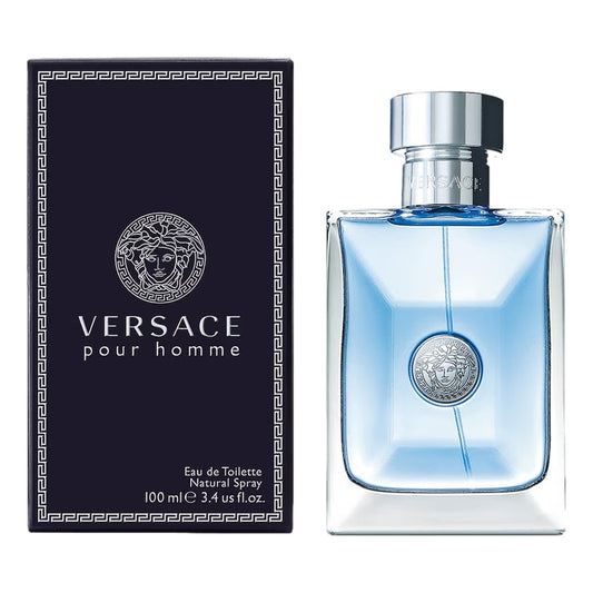 Versace pour homme perfume bottle and packaging on a white background