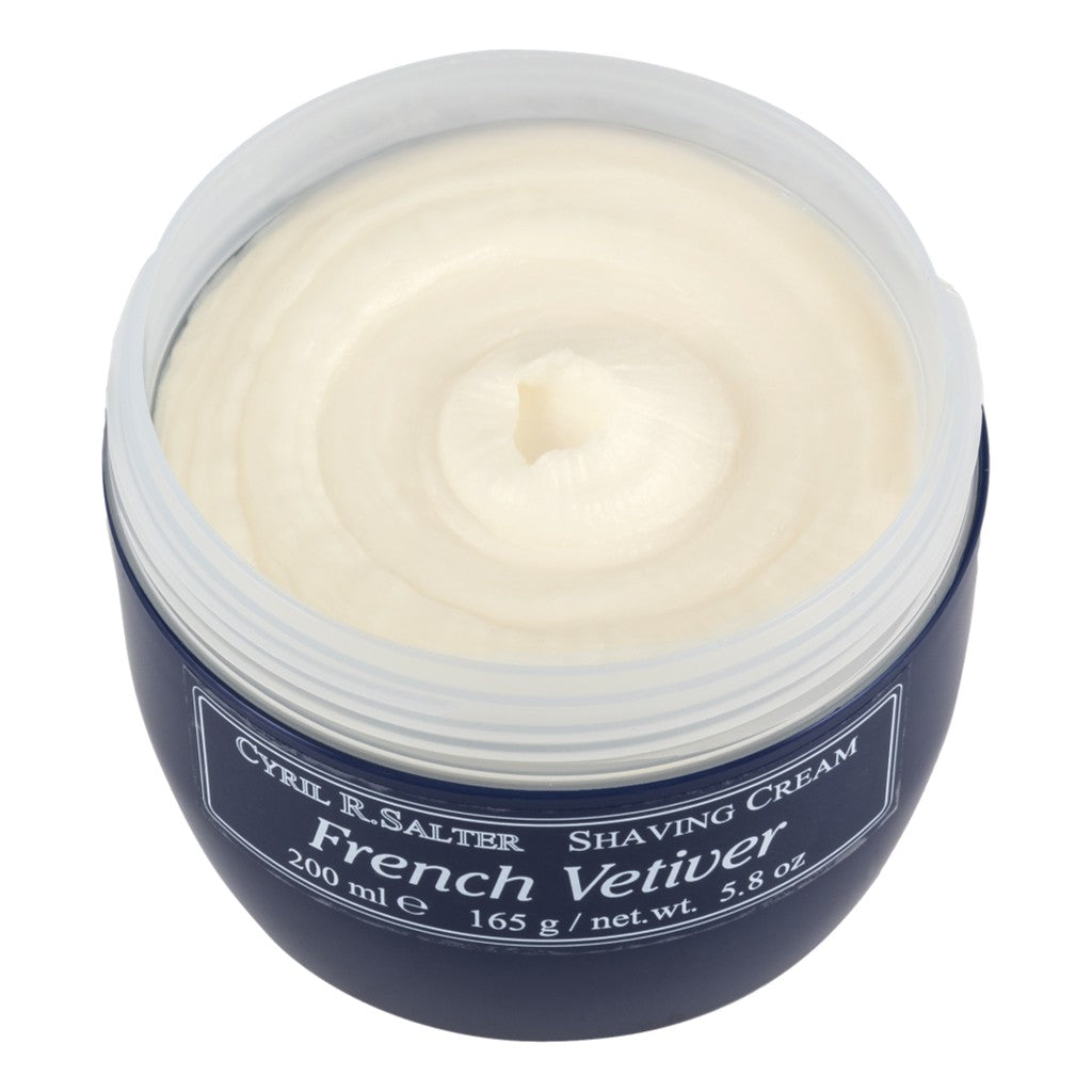 Cyril R. Salter French Vetiver Shaving Cream, Rich Lather, 200ml Jar Open View.