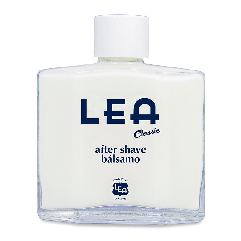 LEA Classic After Shave Balm 100ml in a clear glass bottle with minimalist white and blue branding.