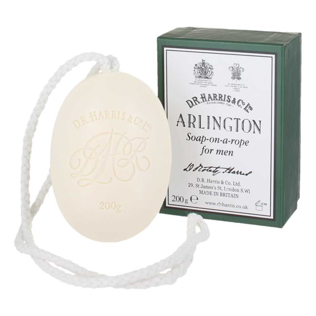 D.R. Harris soap on a rope with packaging on a white background