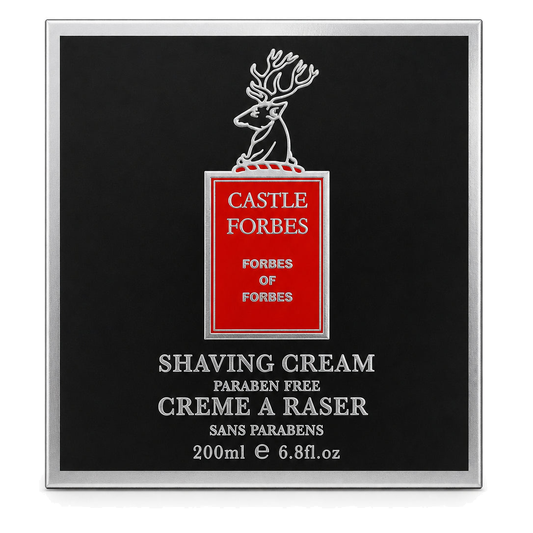 Castle Forbes shaving cream packaging with a black background and red label.