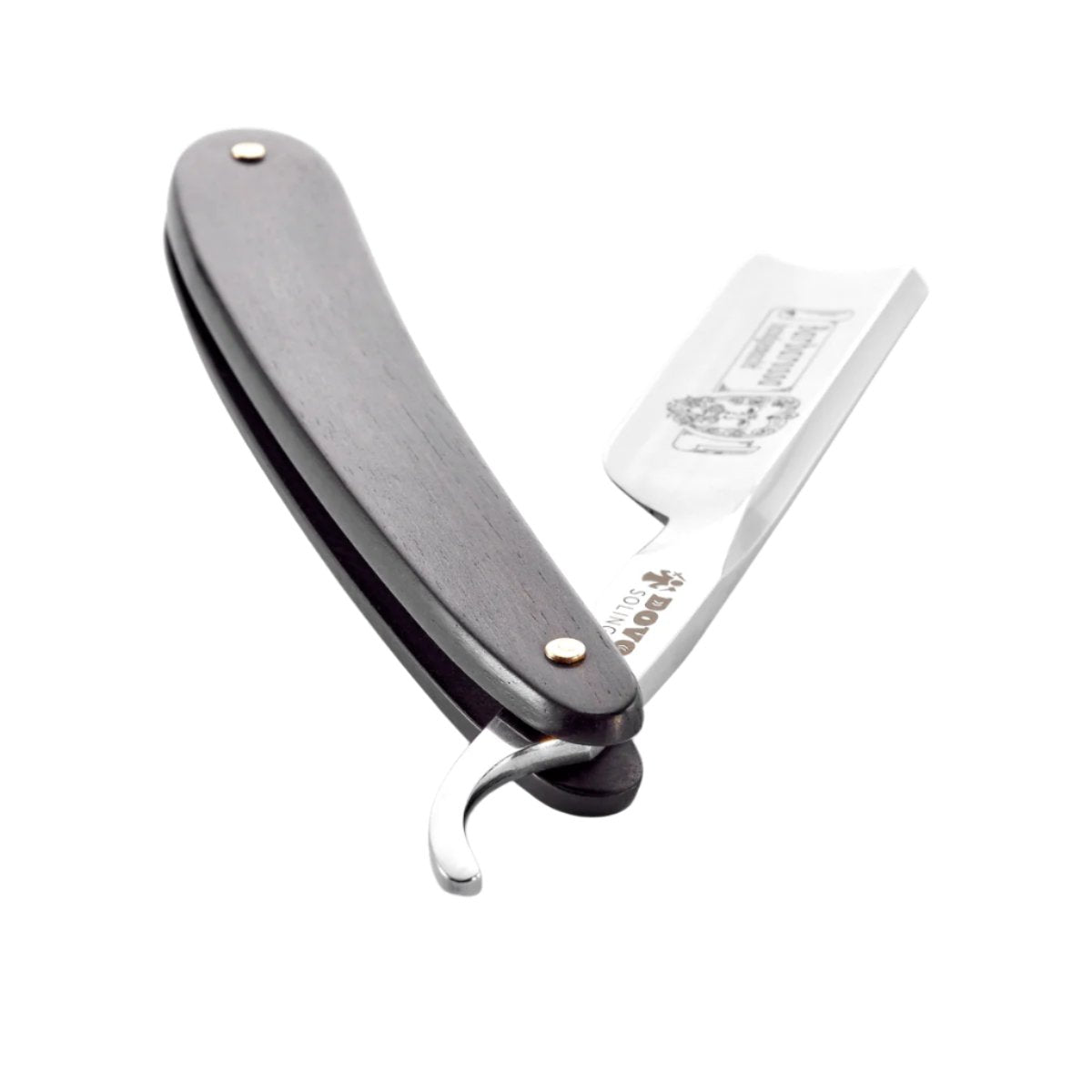 Open Dovo Barbarossa straight razor showcasing a Spanish point blade with Barbarossa engraving.