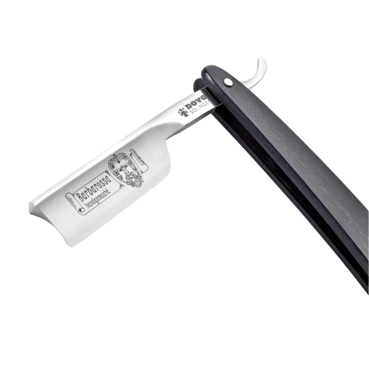 Detailed view of the Dovo Barbarossa blade featuring precise engraving and full hollow grind.