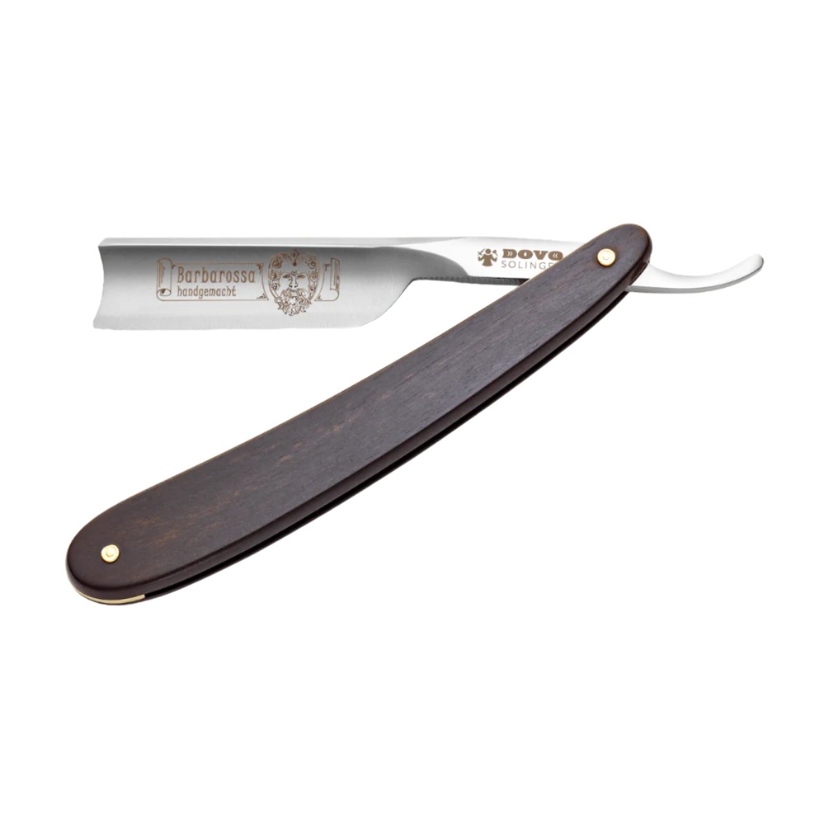 Dovo Barbarossa straight razor fully extended with ebony handle and engraved carbon steel blade.