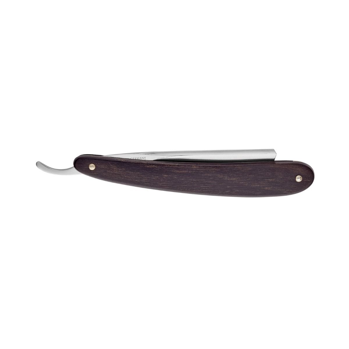Closed Dovo Barbarossa straight razor with black ebony handle and compact design.
