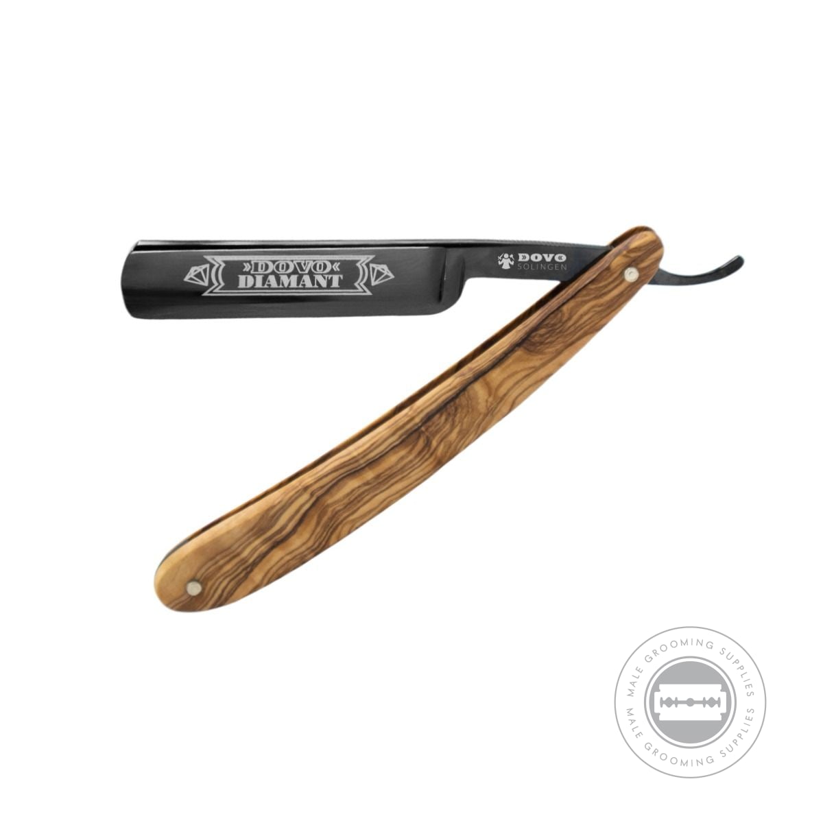 Dovo 'Diamant' Straight Razor 5/8 with black-coated blade and natural olivewood handle, side view.