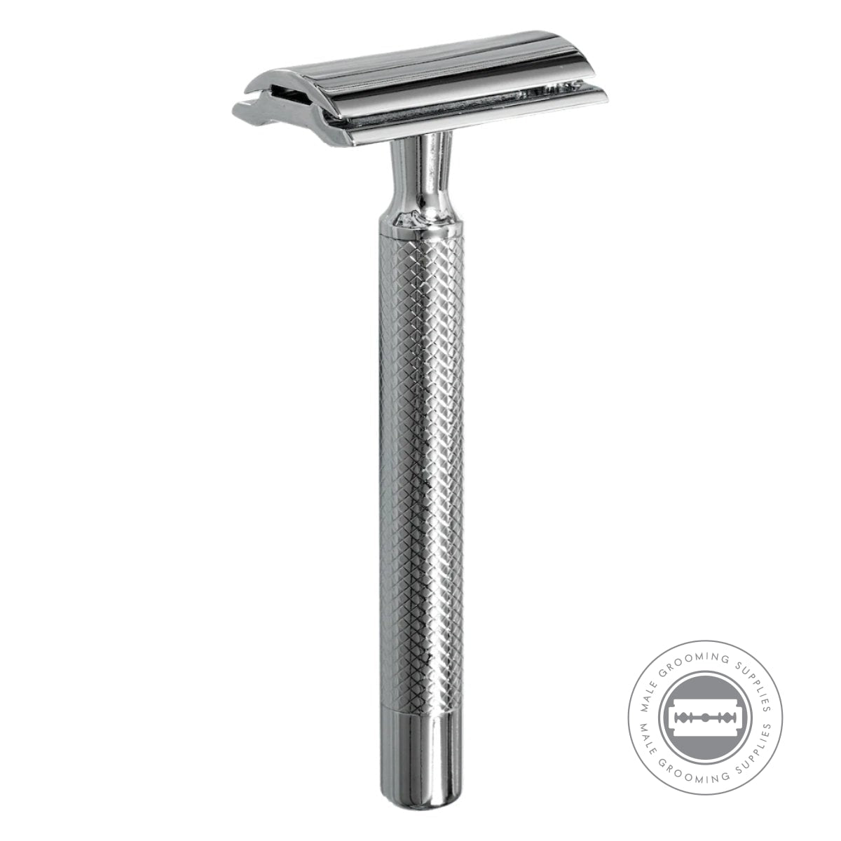 Dovo PRIMO I Safety Razor standing upright, showcasing its closed-comb head and chrome handle.
