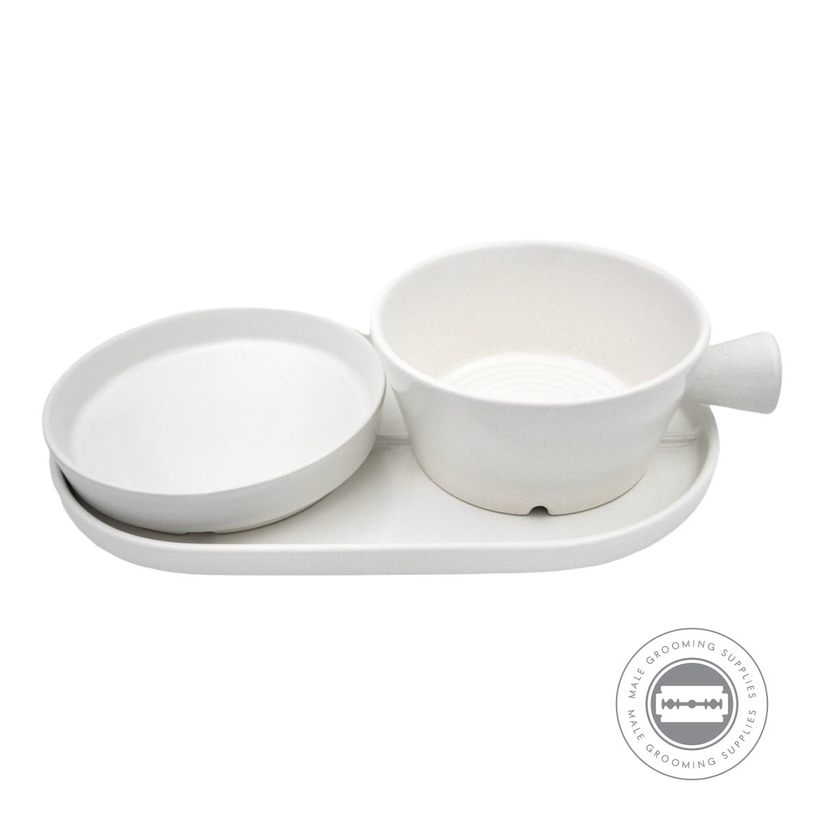 A side view of the "Daylight" Dovo Shave Ritual Set, showing the lathering bowl and soap tray sitting neatly on the ceramic base tray.