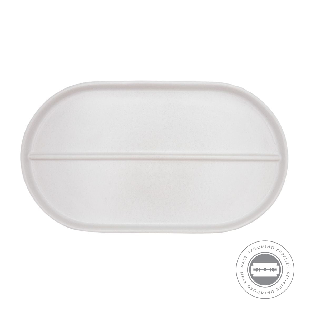 An oval ceramic tray in matte white, part of the Dovo Shave Ritual Set, with smooth, clean lines.