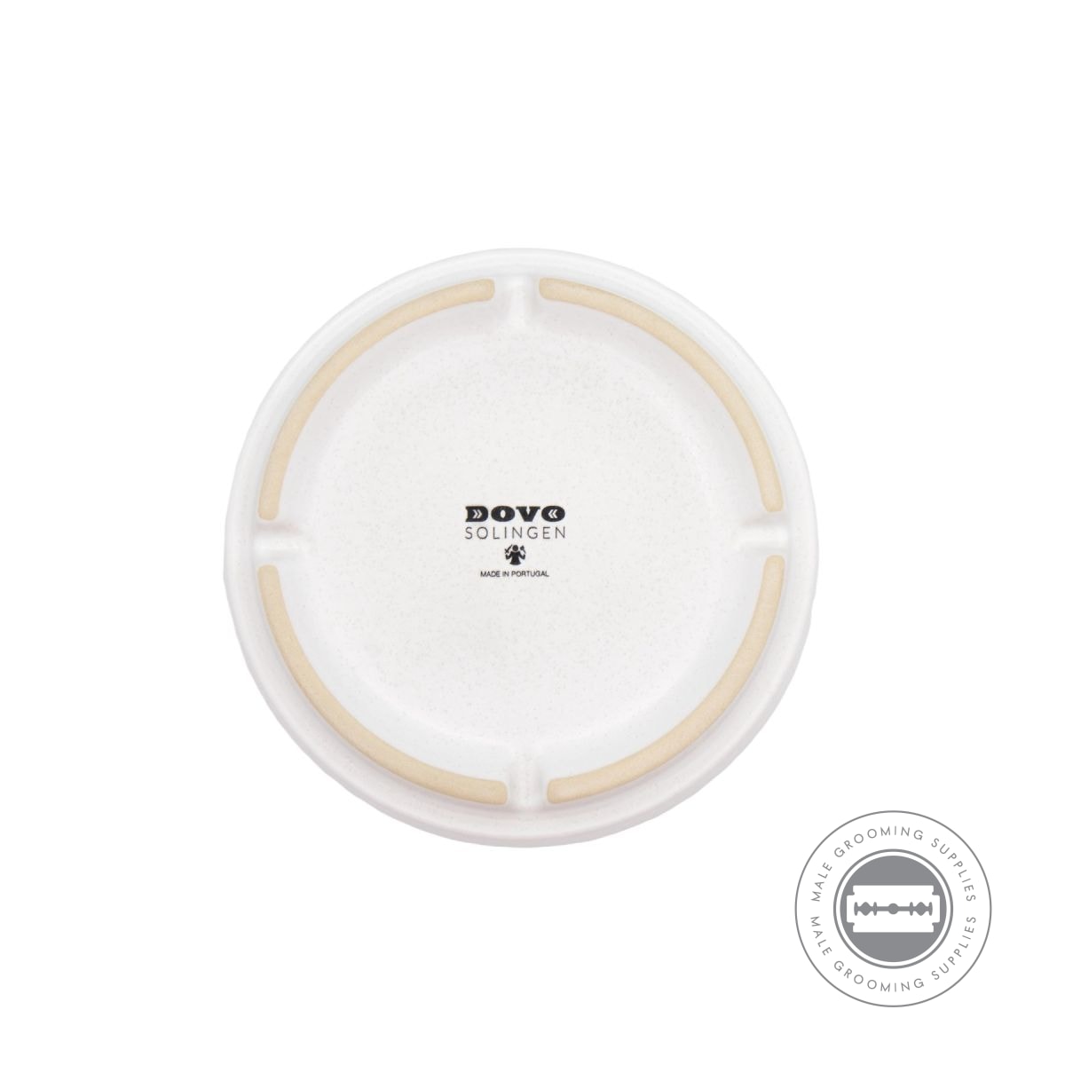 The bottom of the circular ceramic bowl in white from the "Daylight" Dovo Shave Ritual Set, with "DOVO Solingen" branding.