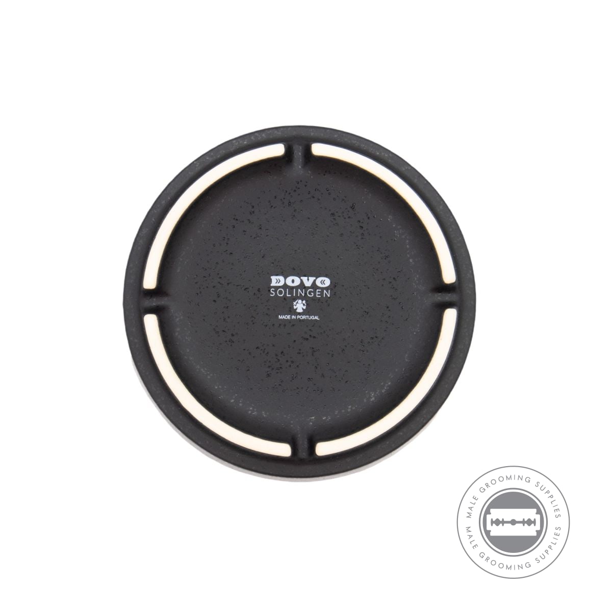 Ceramic lathering bowl and soap dish paired on the Dovo Shave Ritual Set tray in Pitch Dark.