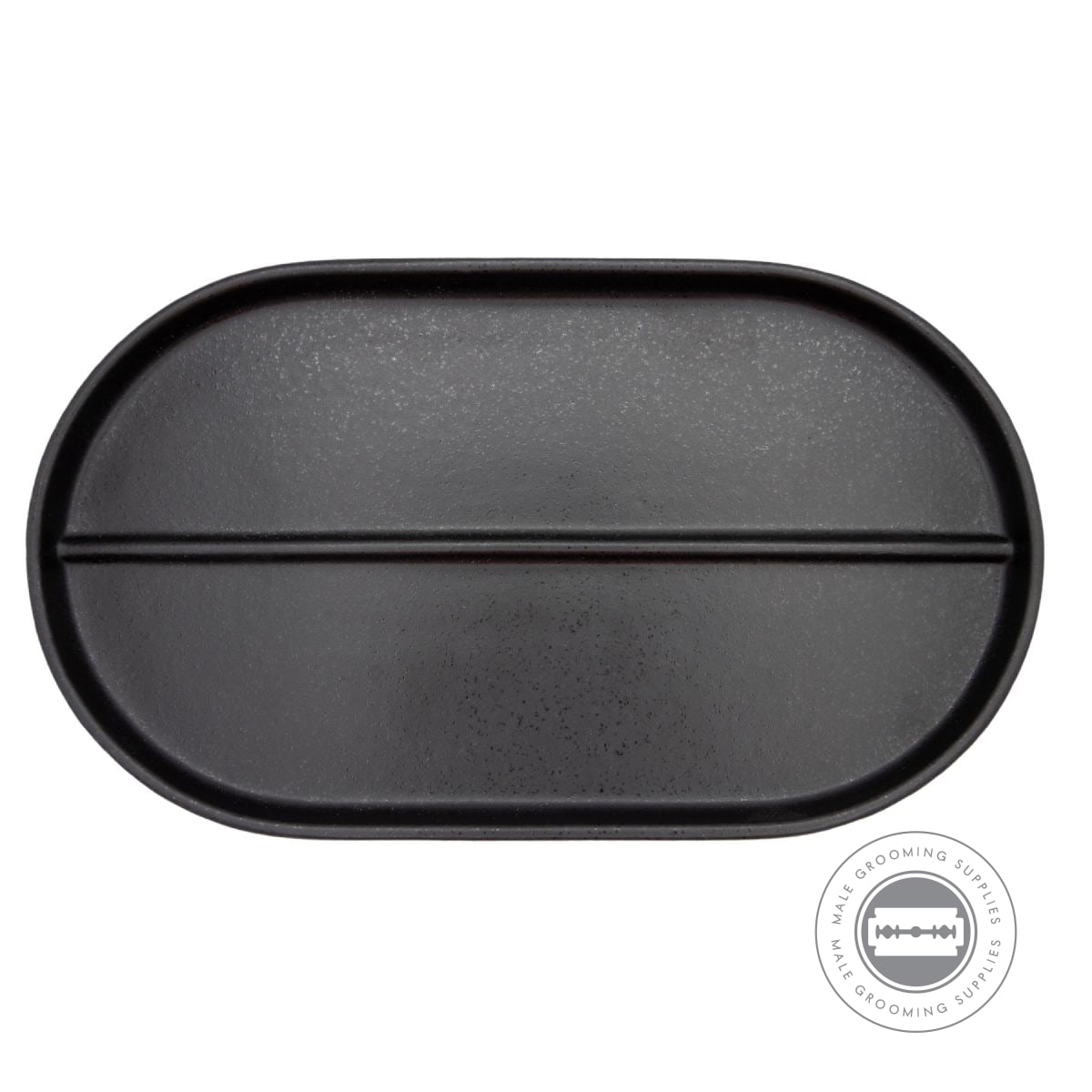 Flat view of the oval ceramic tray from the Dovo Shave Ritual Set in matte black with fine detailing.