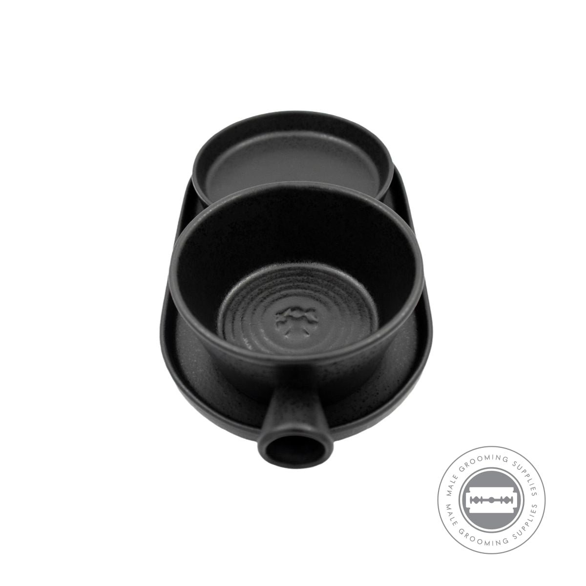 Complete Dovo Shave Ritual Set in Pitch Dark, including ceramic lathering bowl and soap dish with wooden tray.