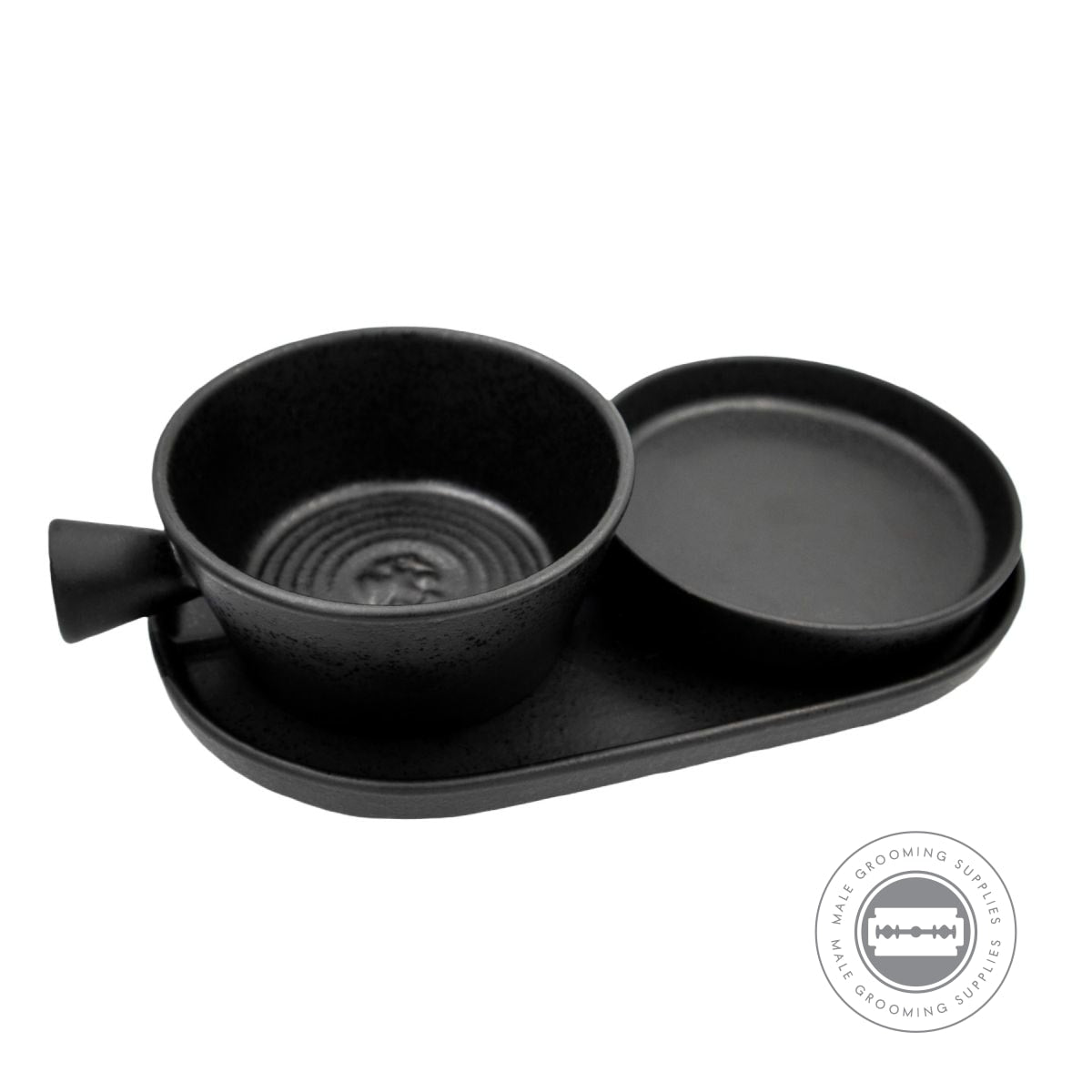 Side-by-side arrangement of the Dovo Shave Ritual Set components in Pitch Dark finish, showcasing minimalist design.