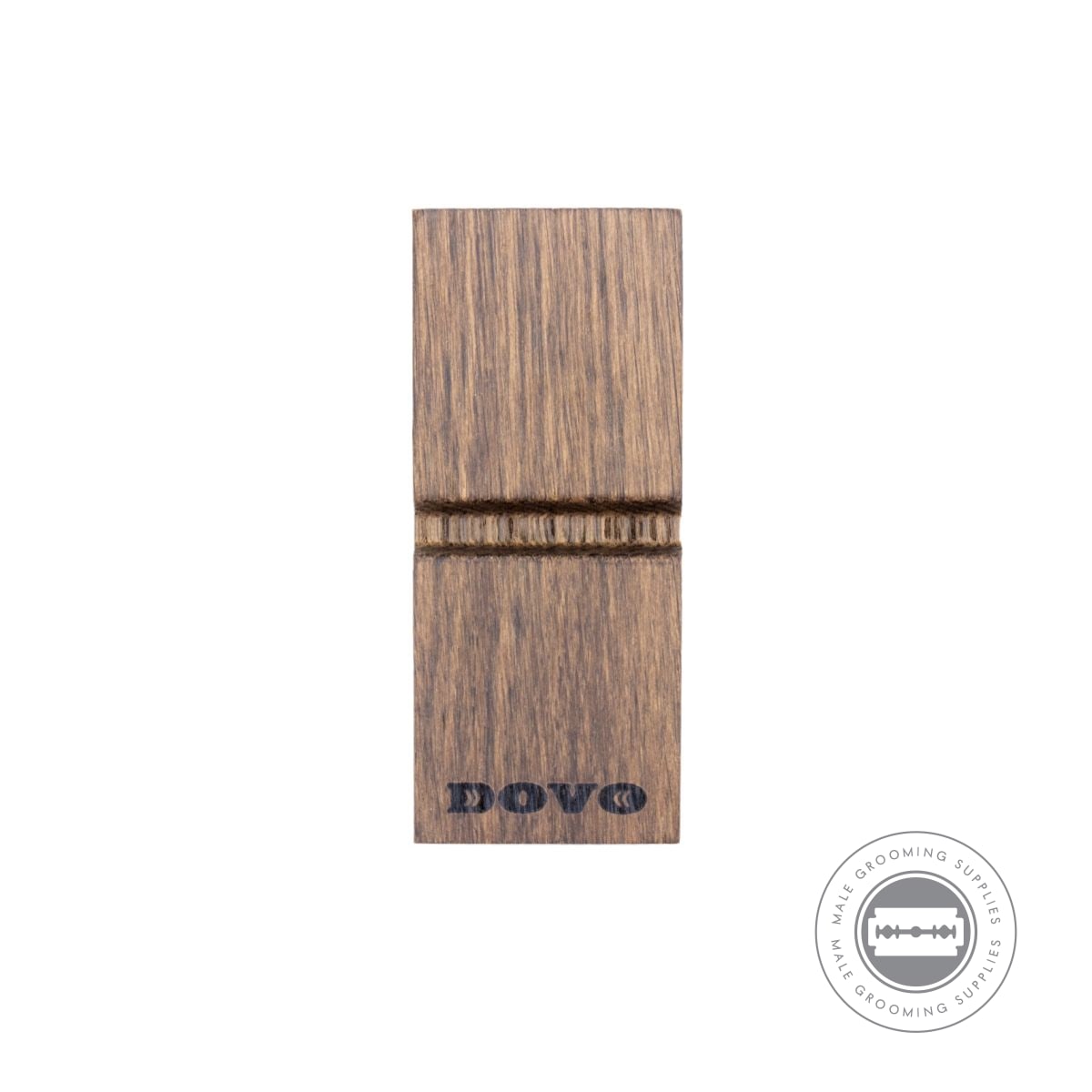 Top view of the wooden razor stand from the Dovo Shave Ritual Set, engraved with the Dovo logo.