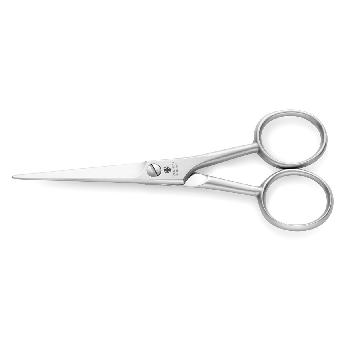A close-up view of DOVO Beard Scissors showcasing the sleek matte-finished stainless steel blades and ergonomic design.