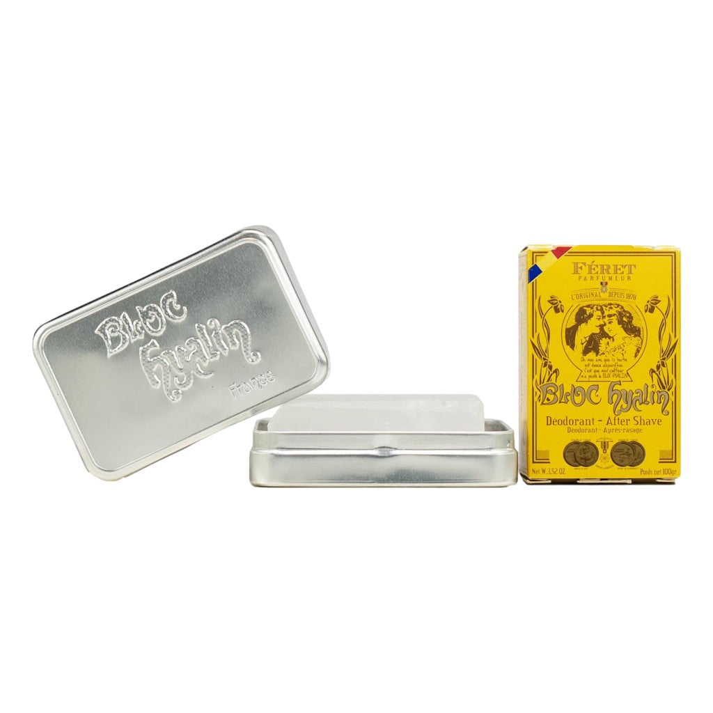 Silver tin and yellow box with branding on a white background