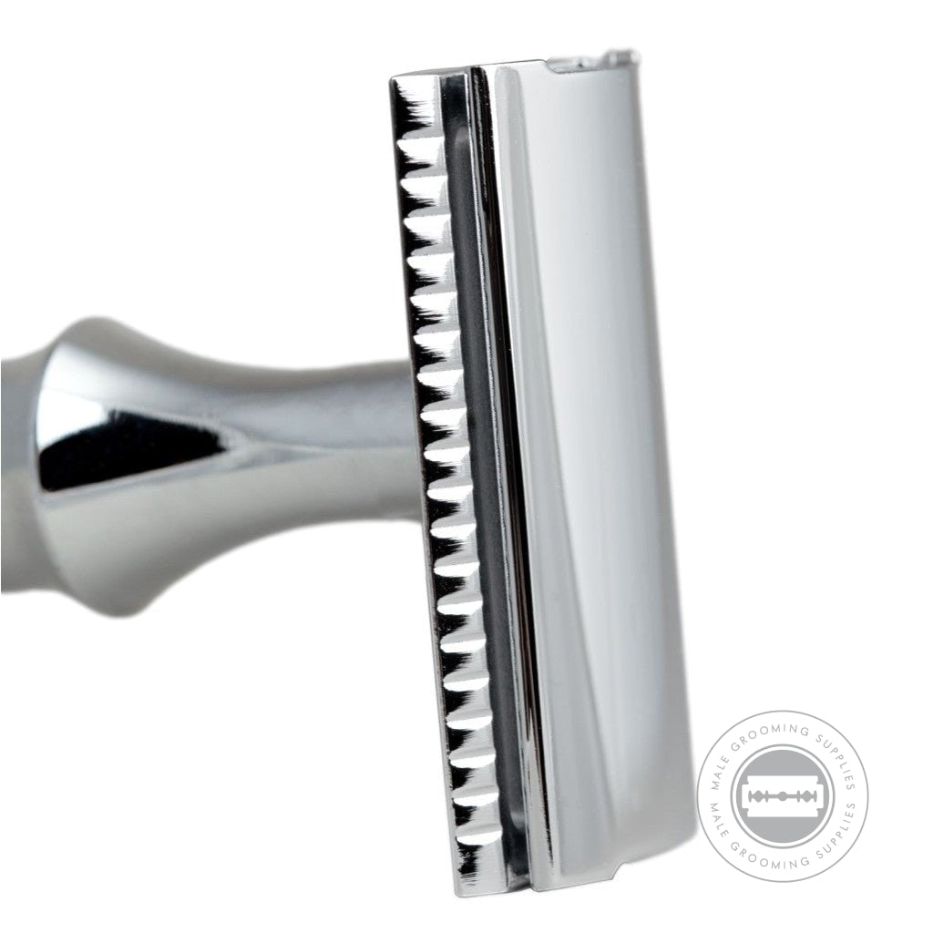 Close-up of the chrome-plated head of the G&F Timor® Safety Razor 1920, highlighting its smooth finish