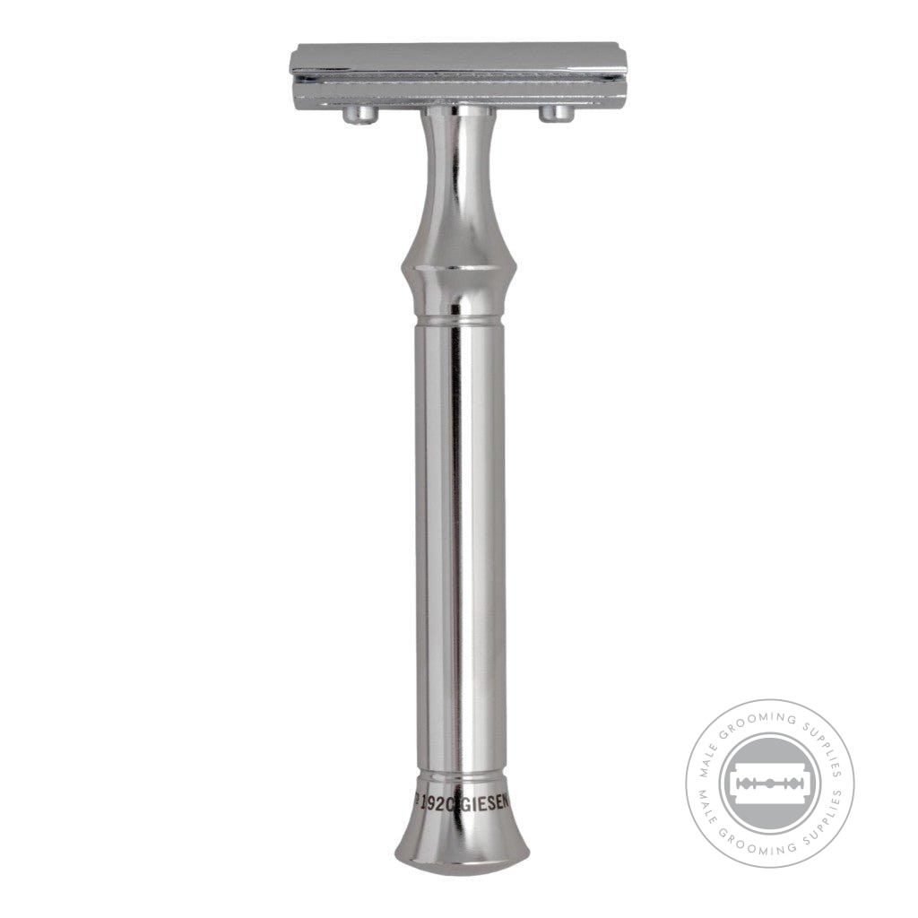 G&F Timor® Safety Razor 1920 with a long stainless steel handle, standing upright to display full design
