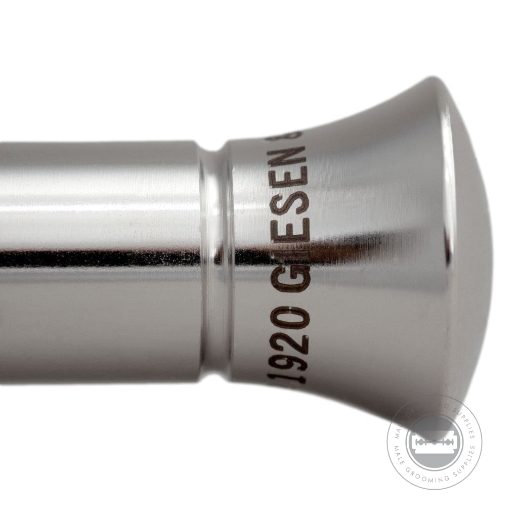 Detailed engraving on the base of the G&F Timor® Safety Razor 1920 handle, showcasing premium craftsmanship