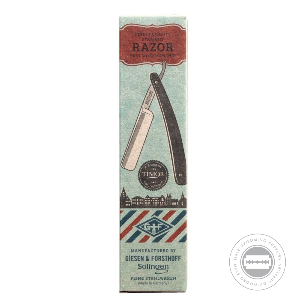 Packaging of the Giesen & Forsthoff 'Barber's Choice' straight razor featuring a vintage design.
