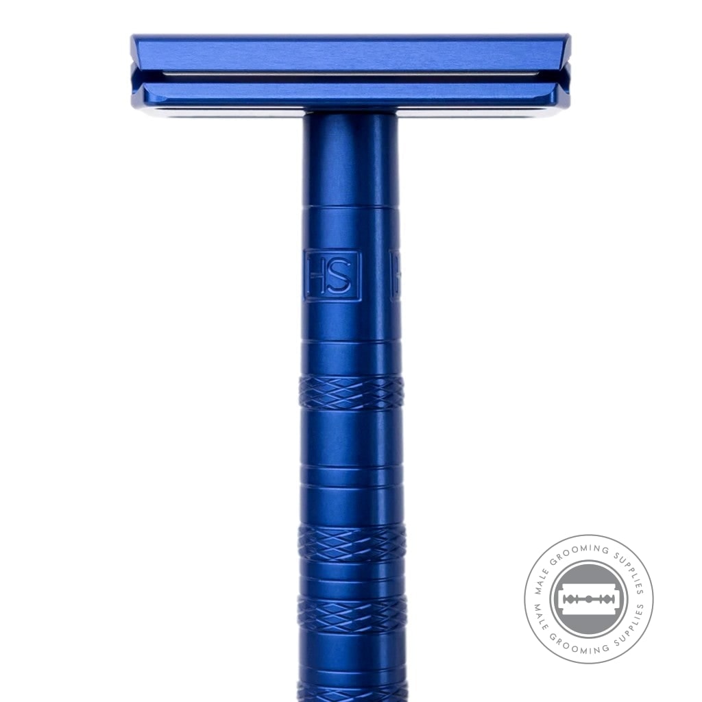 Front view of the Henson AL13 Safety Razor V2.0 Steel Blue, emphasizing the clean lines and durable anodized blue finish.