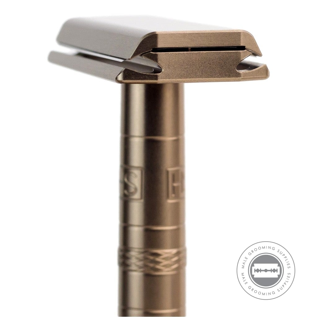 Side view of the Henson AL13 Safety Razor V2.0 Tan Edition, showing precise blade alignment and textured grip details.