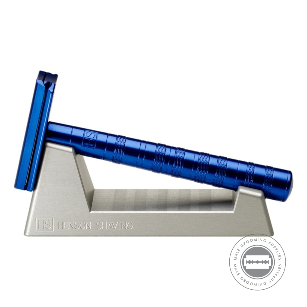 Henson Razor Stand featuring a blue Henson AL13 Razor, emphasizing its corrosion-resistant aerospace-grade aluminium.