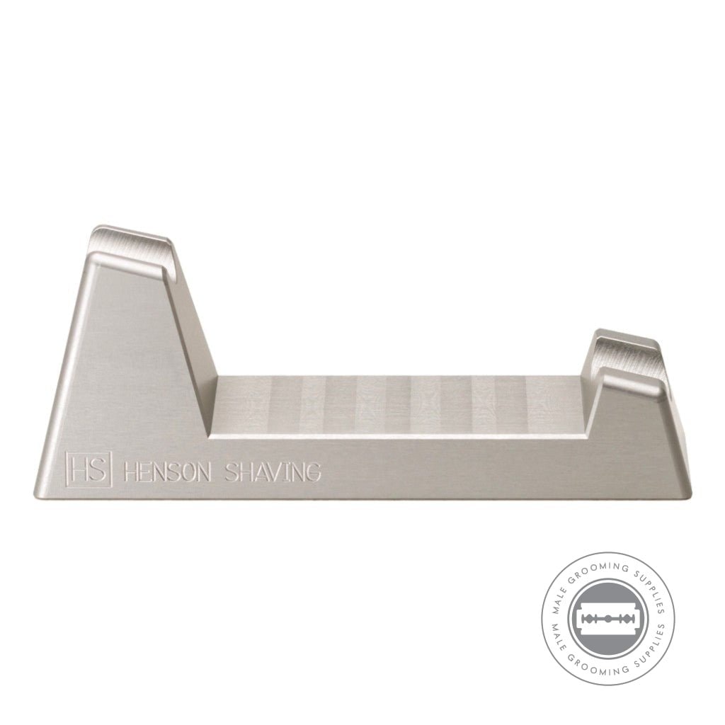 Henson Razor Stand with engraved branding, crafted from aluminium with a sleek, corrosion-resistant finish.