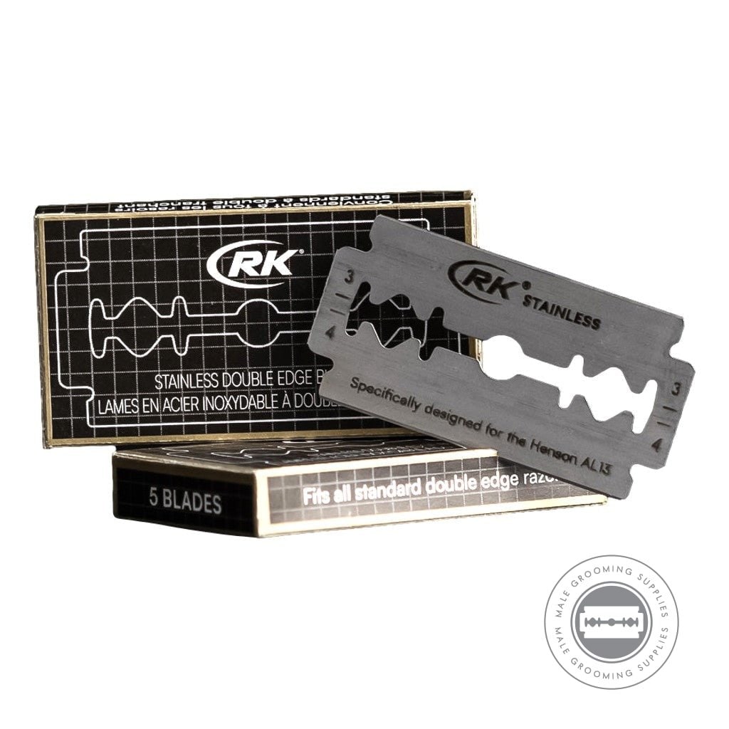 RK stainless razor blade displayed alongside its compact packaging box, highlighting compatibility.