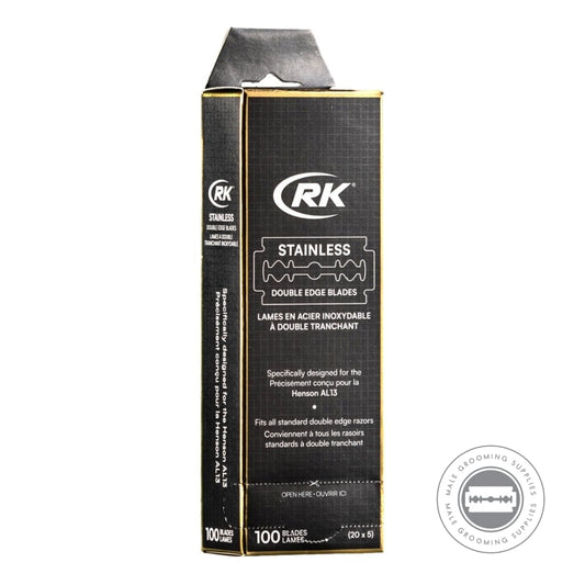 Packaging of RK Shaving Stainless DE Razor Blades, 100-pack, designed for Henson AL13 razors.